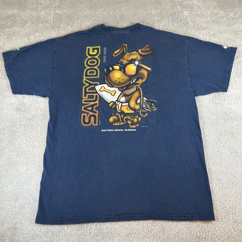 Vintage 90s Salty Dog Surf Shop Daytona Beach T-Shirt Navy Hanes Beefy-T Large